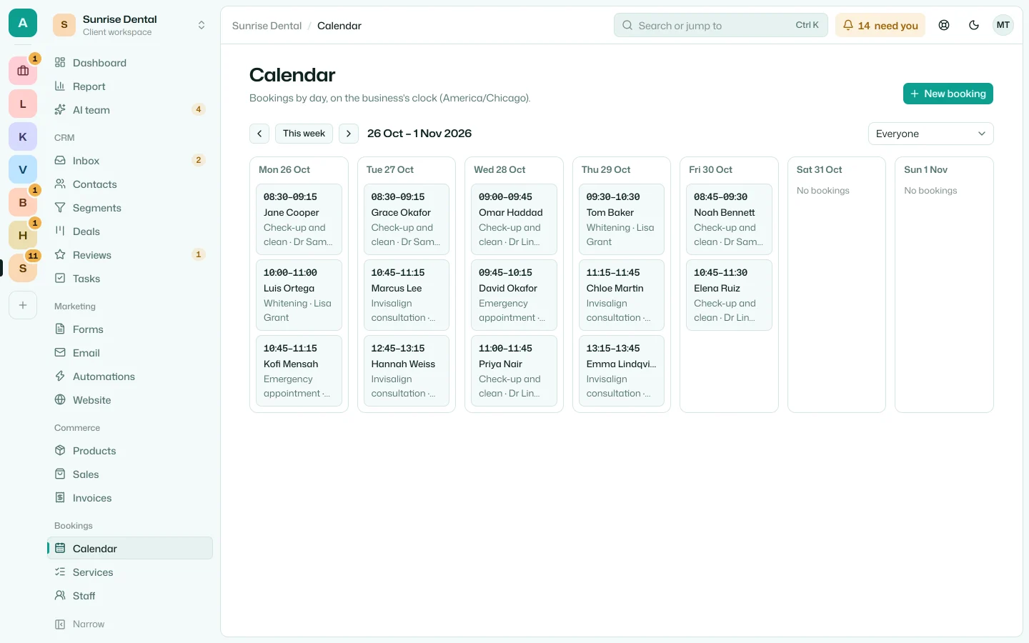 The team's calendar for next week, with each booking's service and dentist
