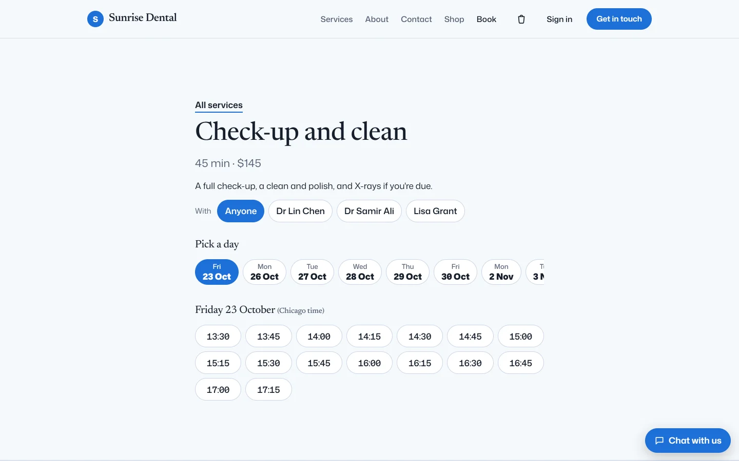 Sunrise Dental's booking page: a check-up and clean, with today's free times