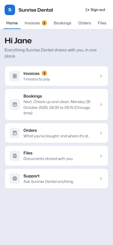 Jane's portal at Sunrise Dental on her phone: an invoice to pay and her next booking