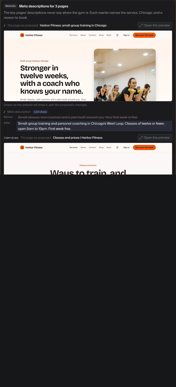 A proposal waiting for approval: three pages' meta descriptions, each page drawn as it would look, with the words before and after