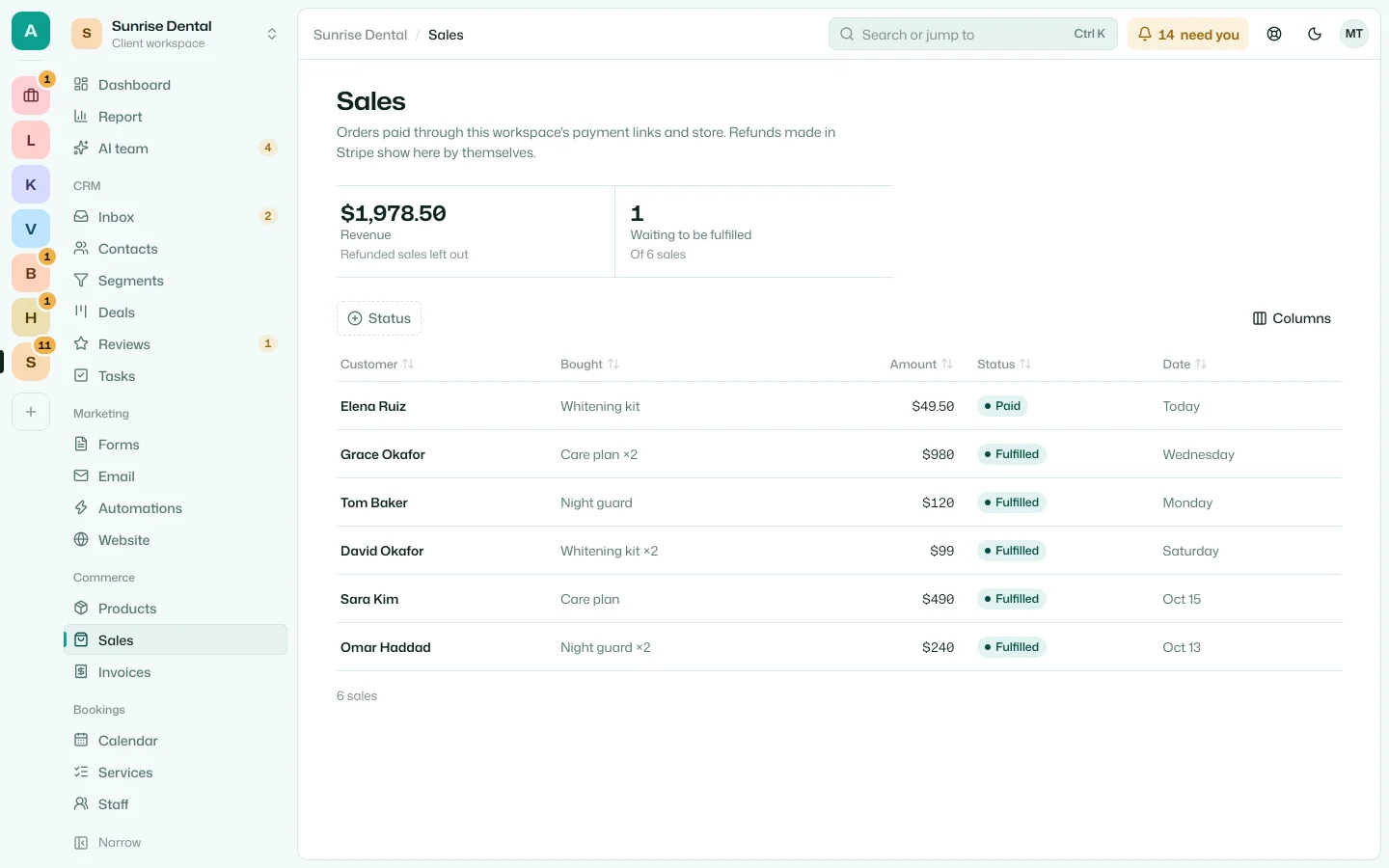 The workspace's sales: what's been paid this month and what's still to send