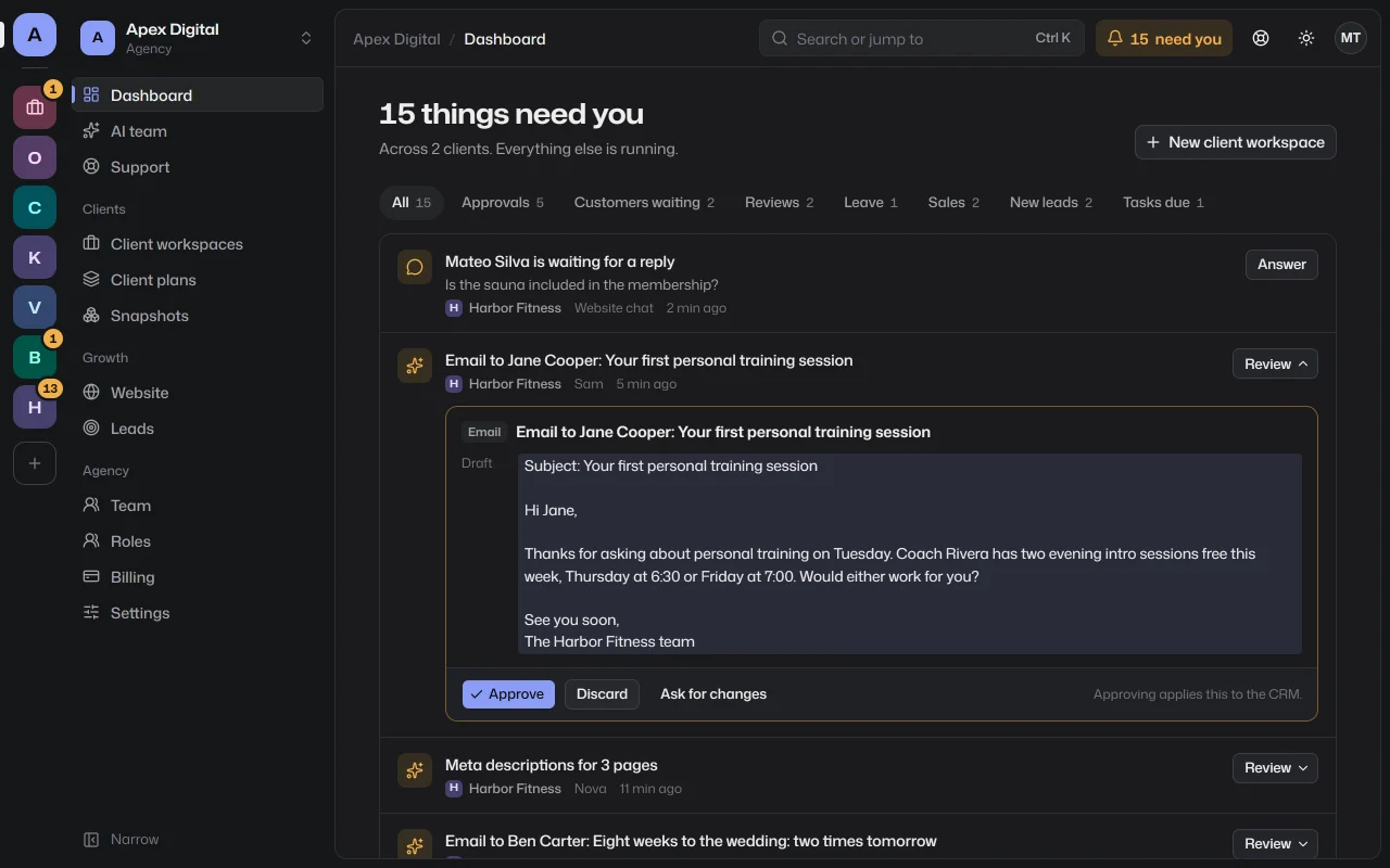 The dashboard in the default theme with an indigo accent, dark