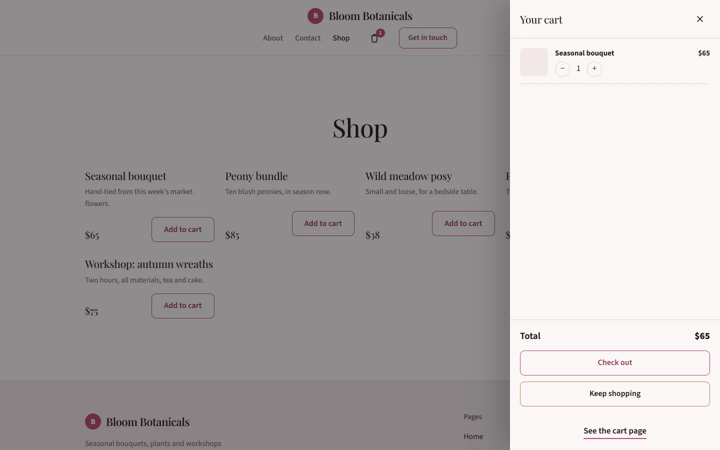 Bloom Botanicals' shop with a bouquet in the cart