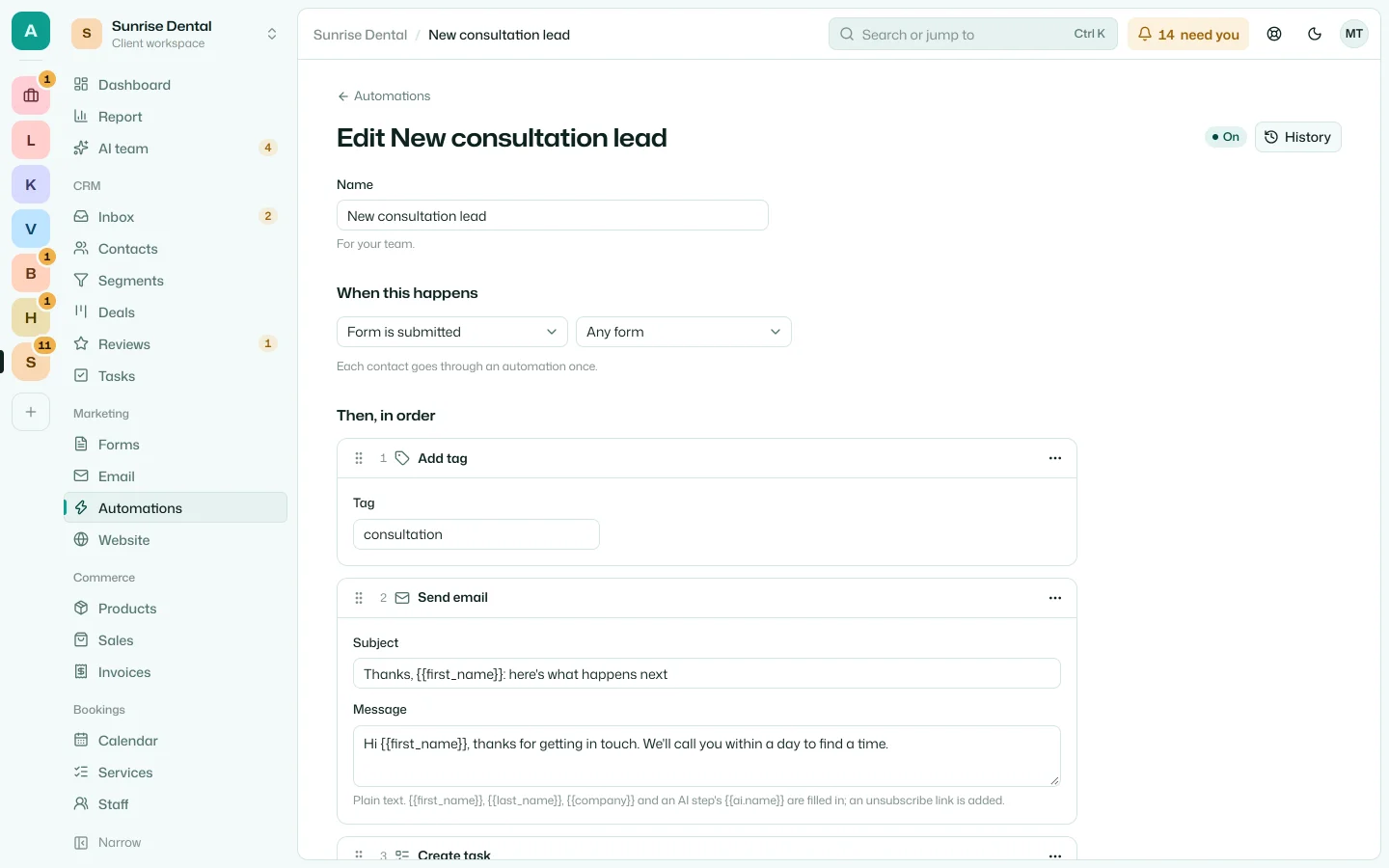 An automation's steps: tag the lead, send the welcome email, add a task, wait two days, then ask the AI team to follow up