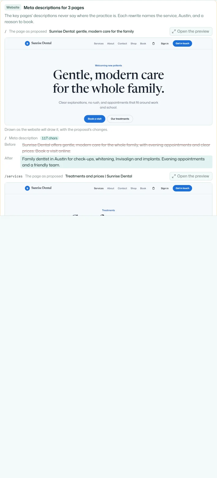 A proposal from Nova: three pages' meta descriptions, each page drawn as it would look, with the words before and after